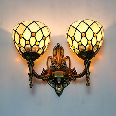 Beaded Wall Lighting with Stained Glass Bowl Shade Tiffany Style Double Sconce Light in Beige Beige Clearhalo 'Industrial' 'Middle century wall lights' 'Tiffany wall lights' 'Tiffany' 'Wall Lamps & Sconces' 'Wall Lights' Lighting' 91745
