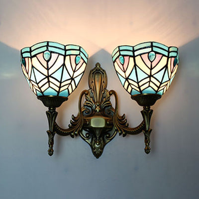 Bowl Wall Sconce Light with Peacock Design Baroque Style Stained Glass Wall Lighting in Blue Blue Clearhalo 'Industrial' 'Middle century wall lights' 'Tiffany wall lights' 'Tiffany' 'Wall Lamps & Sconces' 'Wall Lights' Lighting' 91752