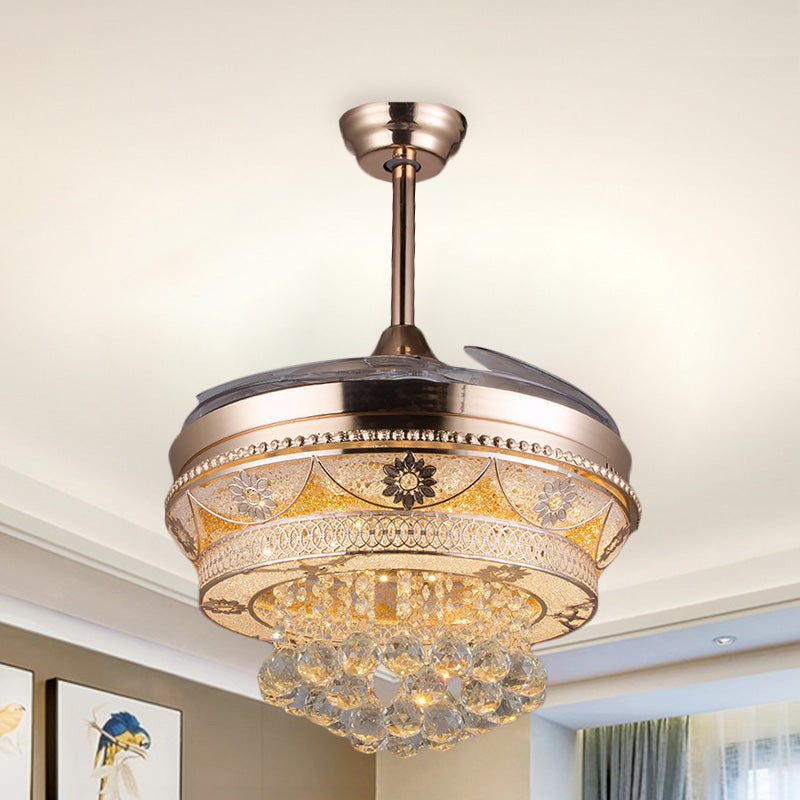 Rose Gold LED Ceiling Fan Light Modern Crystal Round Semi Flush Mount with 3 Retractable Blades, 42.5" Width Gold Clearhalo 'Ceiling Fans with Lights' 'Ceiling Fans' 'Modern Ceiling Fans' 'Modern' Lighting' 917563