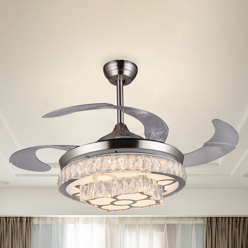 Modern Flower LED Ceiling Fan 42.5" Wide 3-Blade Crystal Encrusted Semi Flush Mount Light Fixture in Nickel Nickel Clearhalo 'Ceiling Fans with Lights' 'Ceiling Fans' 'Modern Ceiling Fans' 'Modern' Lighting' 917575