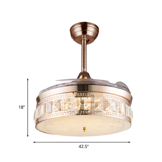 Drum Beveled Crystal Semi Flush Fan Light Simple Dining Room 3-Blade LED Close to Ceiling Lamp in Gold, 42.5" W Clearhalo 'Ceiling Fans with Lights' 'Ceiling Fans' 'Modern Ceiling Fans' 'Modern' Lighting' 917590