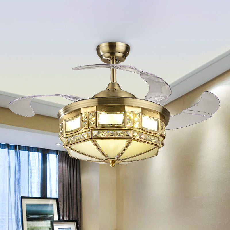 Yurt Shaped Bedroom LED Fan Light Kit Traditional Crystal 3-Blade 42.5" Wide Brass Semi Flush Mount Brass Clearhalo 'Ceiling Fans with Lights' 'Ceiling Fans' 'Modern Ceiling Fans' 'Modern' Lighting' 917595