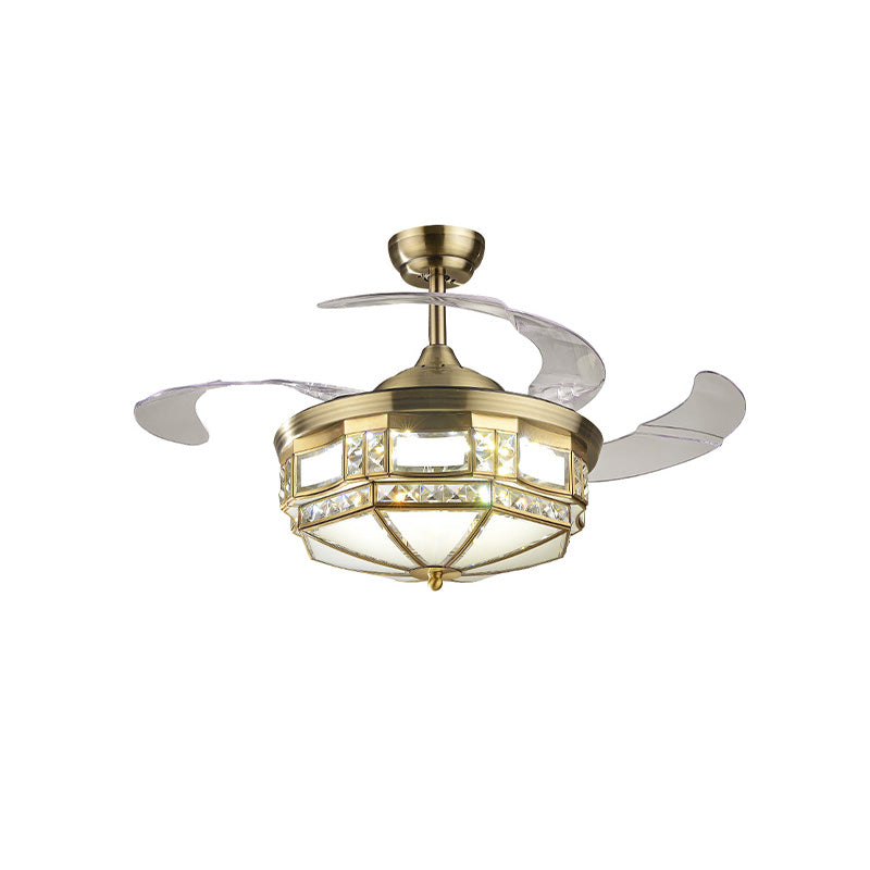Yurt Shaped Bedroom LED Fan Light Kit Traditional Crystal 3-Blade 42.5" Wide Brass Semi Flush Mount Clearhalo 'Ceiling Fans with Lights' 'Ceiling Fans' 'Modern Ceiling Fans' 'Modern' Lighting' 917597