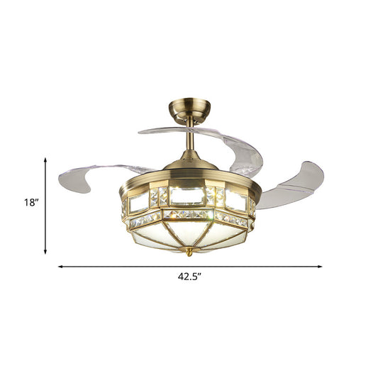 Yurt Shaped Bedroom LED Fan Light Kit Traditional Crystal 3-Blade 42.5" Wide Brass Semi Flush Mount Clearhalo 'Ceiling Fans with Lights' 'Ceiling Fans' 'Modern Ceiling Fans' 'Modern' Lighting' 917598