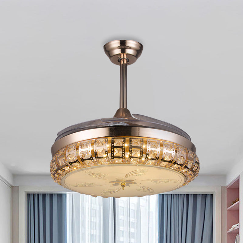 3 Blades Round LED Fan Light Fixture Modernism Gold Finish Crystal Semi ...