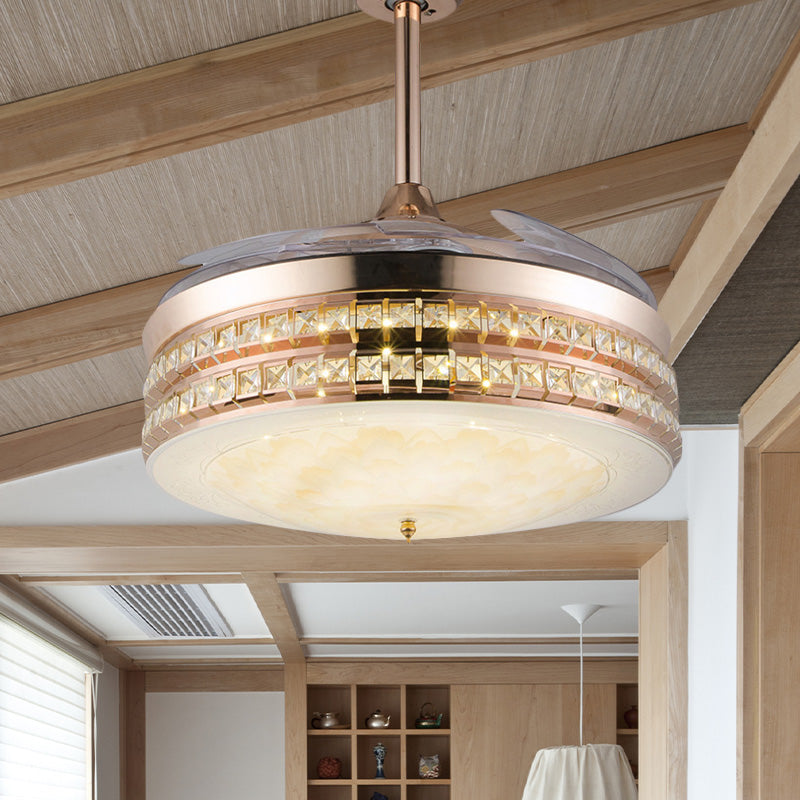3 Blades LED Flush Mount Ceiling Fan Simple Bedroom Semi Flush with Drum Crystal Inlaid Shade in Gold, 42.5" Width Gold Clearhalo 'Ceiling Fans with Lights' 'Ceiling Fans' 'Modern Ceiling Fans' 'Modern' Lighting' 917615