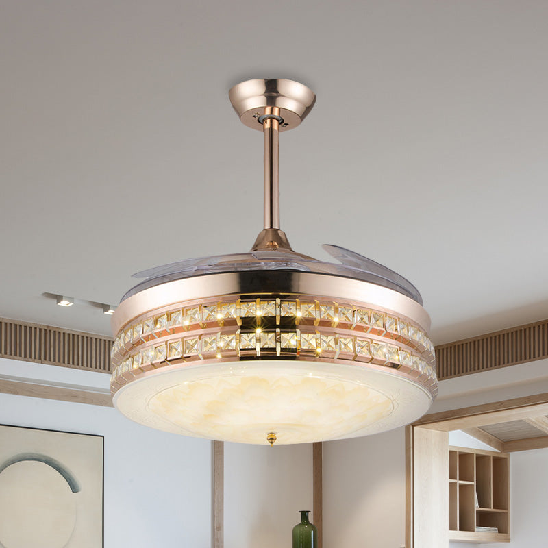 3 Blades LED Flush Mount Ceiling Fan Simple Bedroom Semi Flush with Drum Crystal Inlaid Shade in Gold, 42.5" Width Clearhalo 'Ceiling Fans with Lights' 'Ceiling Fans' 'Modern Ceiling Fans' 'Modern' Lighting' 917616