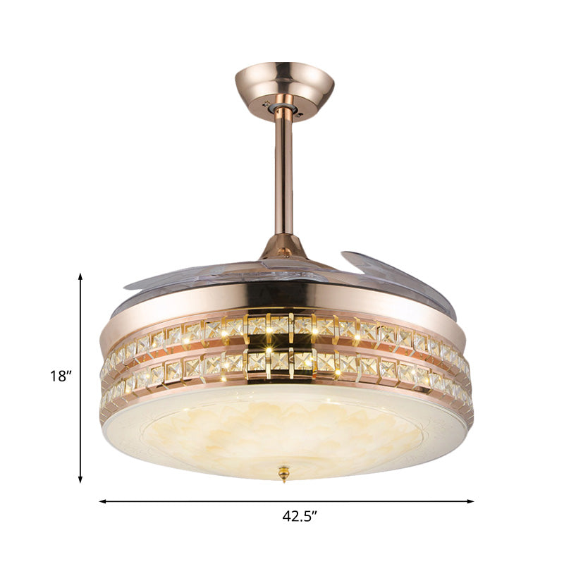 3 Blades LED Flush Mount Ceiling Fan Simple Bedroom Semi Flush with Drum Crystal Inlaid Shade in Gold, 42.5" Width Clearhalo 'Ceiling Fans with Lights' 'Ceiling Fans' 'Modern Ceiling Fans' 'Modern' Lighting' 917618
