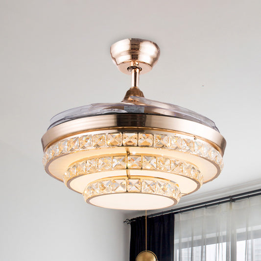 42.5" Wide Gold 3 Tiers Semi Flush Light Modernist Crystal Living Room LED Flush Mount Ceiling Fan Light with 3 Blades Gold Clearhalo 'Ceiling Fans with Lights' 'Ceiling Fans' 'Modern Ceiling Fans' 'Modern' Lighting' 917619