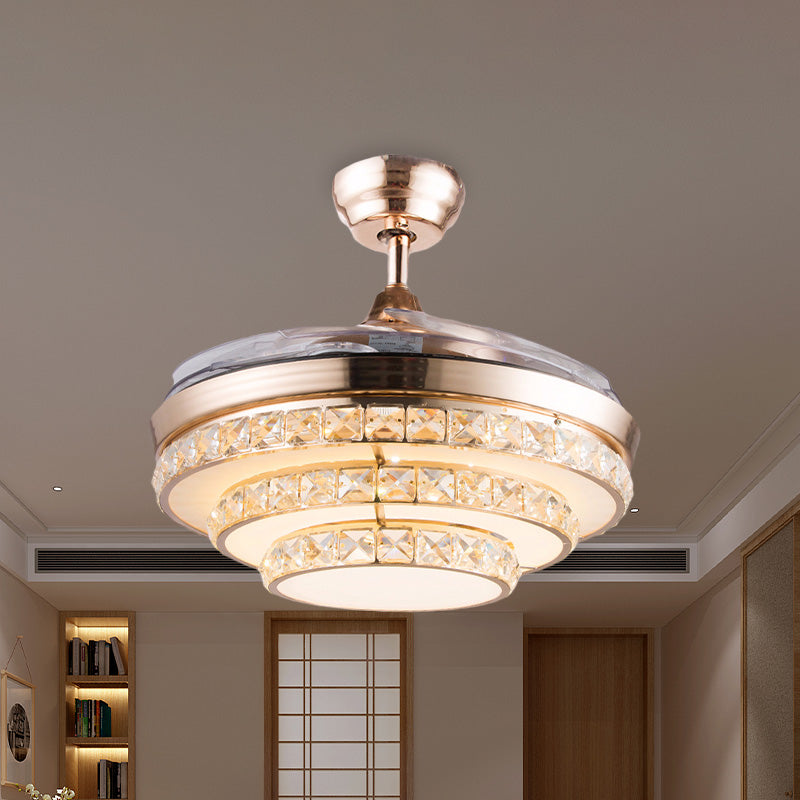 42.5" Wide Gold 3 Tiers Semi Flush Light Modernist Crystal Living Room LED Flush Mount Ceiling Fan Light with 3 Blades Clearhalo 'Ceiling Fans with Lights' 'Ceiling Fans' 'Modern Ceiling Fans' 'Modern' Lighting' 917620
