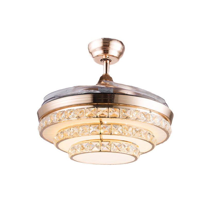 42.5" Wide Gold 3 Tiers Semi Flush Light Modernist Crystal Living Room LED Flush Mount Ceiling Fan Light with 3 Blades Clearhalo 'Ceiling Fans with Lights' 'Ceiling Fans' 'Modern Ceiling Fans' 'Modern' Lighting' 917621