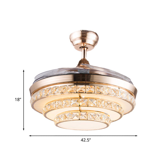 42.5" Wide Gold 3 Tiers Semi Flush Light Modernist Crystal Living Room LED Flush Mount Ceiling Fan Light with 3 Blades Clearhalo 'Ceiling Fans with Lights' 'Ceiling Fans' 'Modern Ceiling Fans' 'Modern' Lighting' 917622