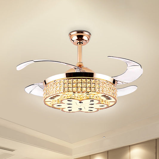 Grid Crystal Embedded Ceiling Fan Lamp Modern Hotel 42" Wide LED Semi Flush Mount Light in Gold, 4-Blade Gold Clearhalo 'Ceiling Fans with Lights' 'Ceiling Fans' 'Modern Ceiling Fans' 'Modern' Lighting' 917623