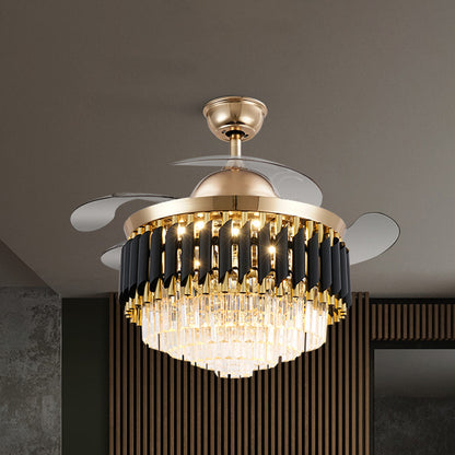 Prismatic Crystal Black-Gold Fan Light Layered Tapered Postmodern LED Semi Mount Lighting with 4 Blades, 47" Width Black-Gold Clearhalo 'Ceiling Fans with Lights' 'Ceiling Fans' 'Modern Ceiling Fans' 'Modern' Lighting' 917627
