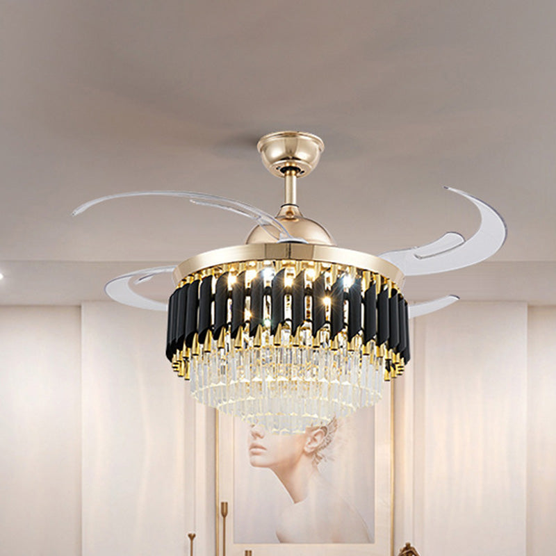Prismatic Crystal Black-Gold Fan Light Layered Tapered Postmodern LED Semi Mount Lighting with 4 Blades, 47" Width Clearhalo 'Ceiling Fans with Lights' 'Ceiling Fans' 'Modern Ceiling Fans' 'Modern' Lighting' 917628