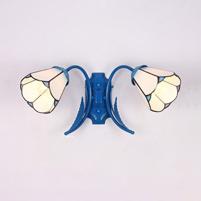 Blue Curved Arm Wall Light Tiffany White Glass 2 Heads Sconce Lamp for Living Room Blue Clearhalo 'Industrial' 'Middle century wall lights' 'Tiffany wall lights' 'Tiffany' 'Wall Lamps & Sconces' 'Wall Lights' Lighting' 91762