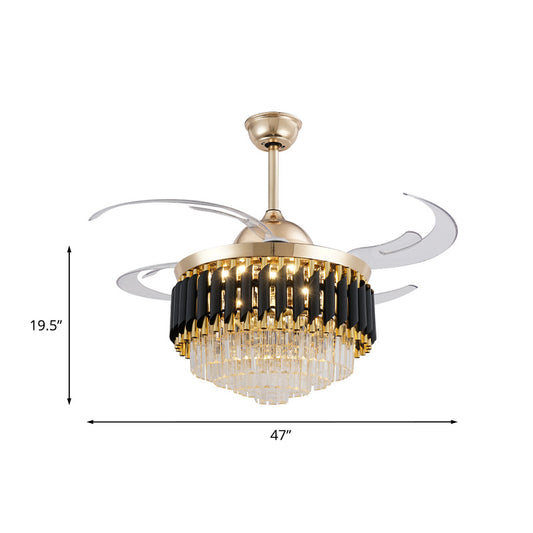Prismatic Crystal Black-Gold Fan Light Layered Tapered Postmodern LED Semi Mount Lighting with 4 Blades, 47" Width Clearhalo 'Ceiling Fans with Lights' 'Ceiling Fans' 'Modern Ceiling Fans' 'Modern' Lighting' 917630
