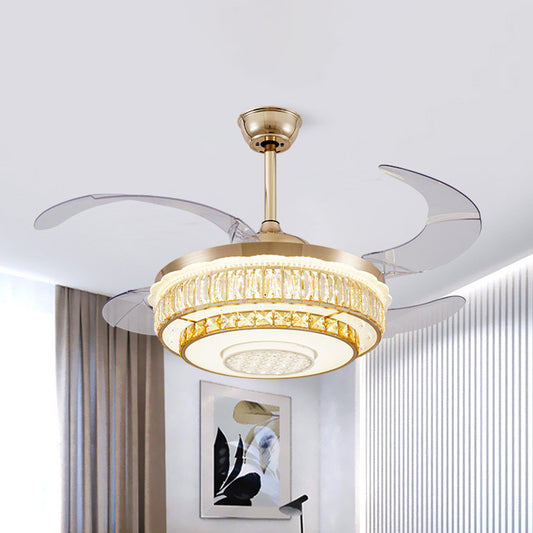 42" Wide Crystal 2-Tier Round Fan Lamp Modern Sitting Room LED Semi Flush Light Fixture in Gold with 4 Clear Blades Gold Clearhalo 'Ceiling Fans with Lights' 'Ceiling Fans' 'Modern Ceiling Fans' 'Modern' Lighting' 917635