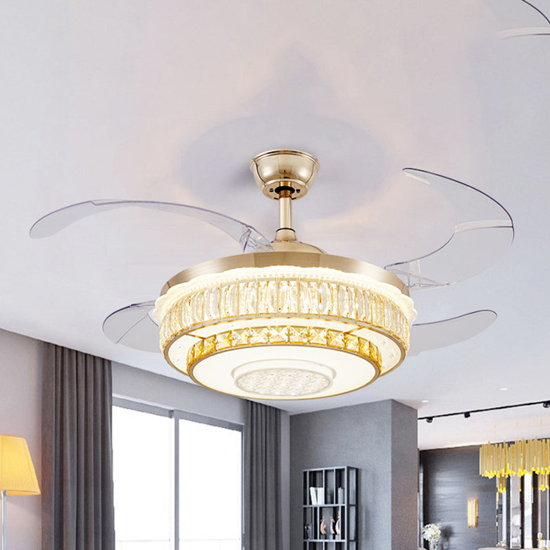 42" Wide Crystal 2-Tier Round Fan Lamp Modern Sitting Room LED Semi Flush Light Fixture in Gold with 4 Clear Blades Clearhalo 'Ceiling Fans with Lights' 'Ceiling Fans' 'Modern Ceiling Fans' 'Modern' Lighting' 917636