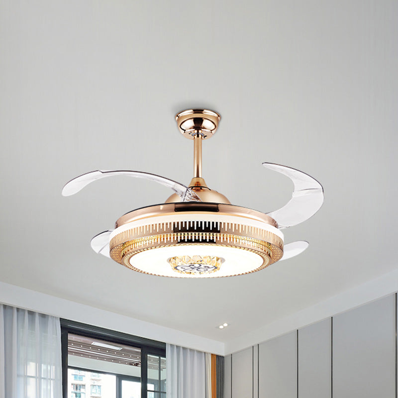 Circular Living Room Fan Lighting Modernism Crystal 4-Blade Gold LED Semi Flush Ceiling Light, 42" Wide Clearhalo 'Ceiling Fans with Lights' 'Ceiling Fans' 'Modern Ceiling Fans' 'Modern' Lighting' 917644