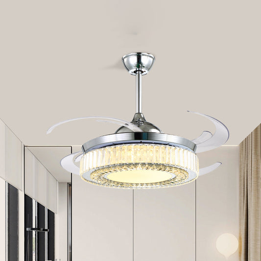 47" Wide LED Flush Ceiling Fan Minimalist Round Crystal Semi Flush Light with 4 Retractable Blades in Chrome Chrome Clearhalo 'Ceiling Fans with Lights' 'Ceiling Fans' 'Modern Ceiling Fans' 'Modern' Lighting' 917651