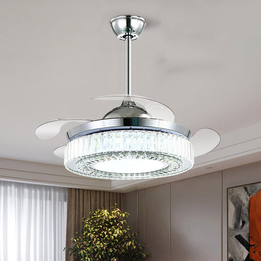47" Wide LED Flush Ceiling Fan Minimalist Round Crystal Semi Flush Light with 4 Retractable Blades in Chrome Clearhalo 'Ceiling Fans with Lights' 'Ceiling Fans' 'Modern Ceiling Fans' 'Modern' Lighting' 917652