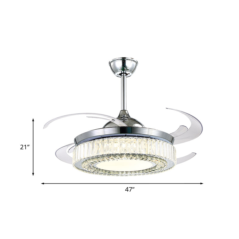 47" Wide LED Flush Ceiling Fan Minimalist Round Crystal Semi Flush Light with 4 Retractable Blades in Chrome Clearhalo 'Ceiling Fans with Lights' 'Ceiling Fans' 'Modern Ceiling Fans' 'Modern' Lighting' 917654