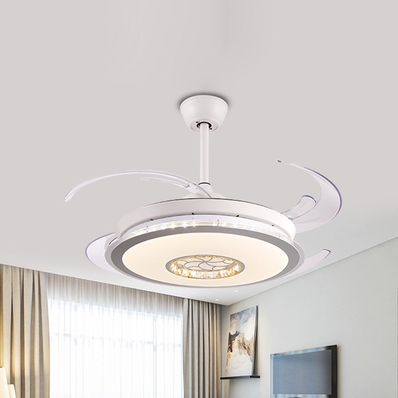 Minimalistic Round LED Ceiling Fan 47" Wide 4-Blade Crystal Semi Mount Lighting in White White Clearhalo 'Ceiling Fans with Lights' 'Ceiling Fans' 'Modern Ceiling Fans' 'Modern' Lighting' 917667