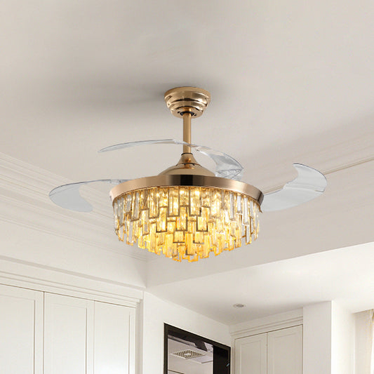 Multi-Layer Crystal Rectangle Semi Flush Postmodern 3-Blade Dining Room LED Ceiling Fan Light in Gold, 42" Width Gold Clearhalo 'Ceiling Fans with Lights' 'Ceiling Fans' 'Modern Ceiling Fans' 'Modern' Lighting' 917675