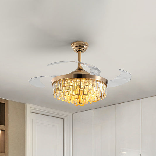Multi-Layer Crystal Rectangle Semi Flush Postmodern 3-Blade Dining Room LED Ceiling Fan Light in Gold, 42" Width Clearhalo 'Ceiling Fans with Lights' 'Ceiling Fans' 'Modern Ceiling Fans' 'Modern' Lighting' 917676