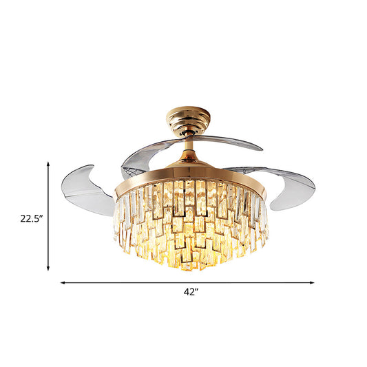 Multi-Layer Crystal Rectangle Semi Flush Postmodern 3-Blade Dining Room LED Ceiling Fan Light in Gold, 42" Width Clearhalo 'Ceiling Fans with Lights' 'Ceiling Fans' 'Modern Ceiling Fans' 'Modern' Lighting' 917678