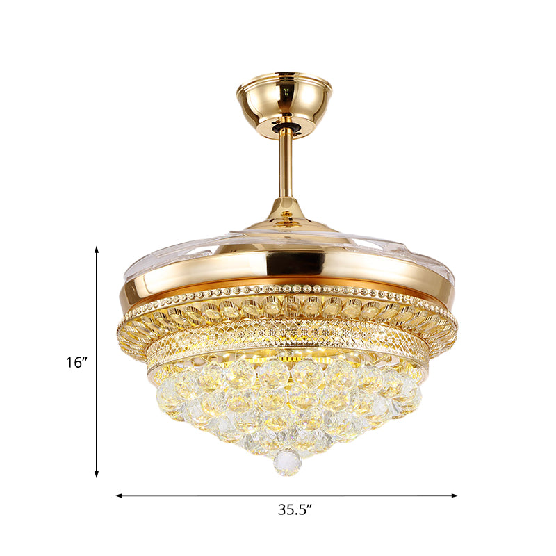 35.5" Wide 4 Blades LED Fan Light Kit Simple Conical Opulent Inlaid Crystal Semi Flush Light Fixture in Gold Clearhalo 'Ceiling Fans with Lights' 'Ceiling Fans' 'Modern Ceiling Fans' 'Modern' Lighting' 917682