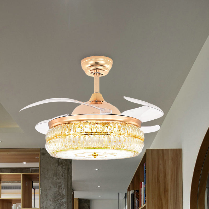 Cut Crystal Gold Semi Flush Mount Light Drum 4 Blades 42.5" Wide Modernist LED Ceiling Fan Clearhalo 'Ceiling Fans with Lights' 'Ceiling Fans' 'Modern Ceiling Fans' 'Modern' Lighting' 917684