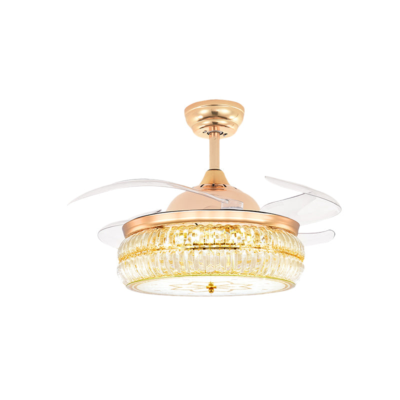Cut Crystal Gold Semi Flush Mount Light Drum 4 Blades 42.5" Wide Modernist LED Ceiling Fan Clearhalo 'Ceiling Fans with Lights' 'Ceiling Fans' 'Modern Ceiling Fans' 'Modern' Lighting' 917685
