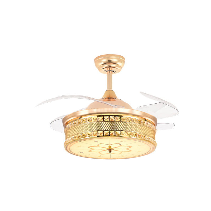 Cut Crystal Gold Semi Flush Mount Light Drum 4 Blades 42.5" Wide Modernist LED Ceiling Fan Clearhalo 'Ceiling Fans with Lights' 'Ceiling Fans' 'Modern Ceiling Fans' 'Modern' Lighting' 917690