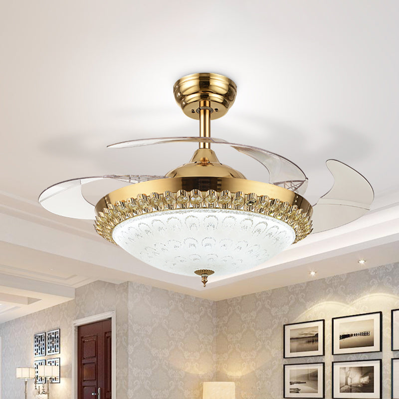 3-Blade LED Fan Light Fixture Minimalist Living Room Semi Flush Ceiling Light with Bowl Crystal Shade, 42.5" Wide Gold Clearhalo 'Ceiling Fans with Lights' 'Ceiling Fans' 'Modern Ceiling Fans' 'Modern' Lighting' 917692