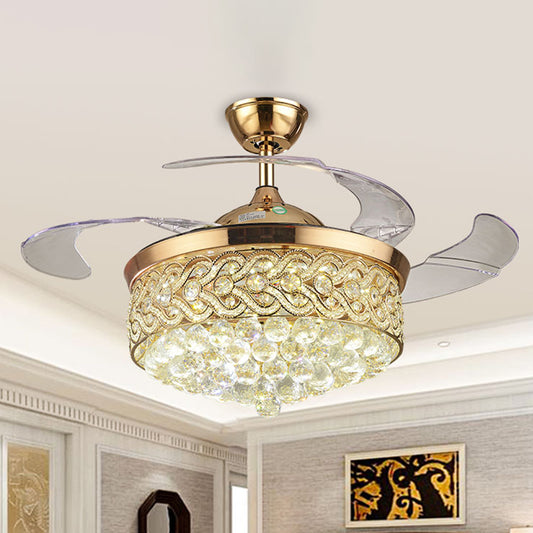 Chevron-Side Drum Crystal Fan Lighting Simple 26" Wide 3-Blade Living Room LED Semi Flush Mount in Gold Gold Clearhalo 'Ceiling Fans with Lights' 'Ceiling Fans' 'Modern Ceiling Fans' 'Modern' Lighting' 917700