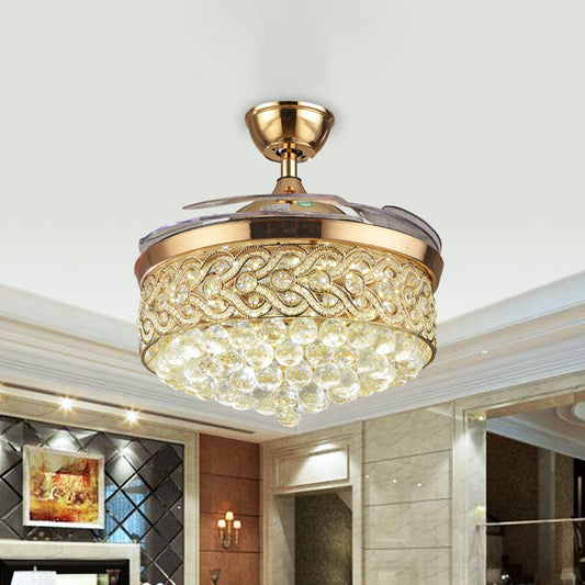 Chevron-Side Drum Crystal Fan Lighting Simple 26" Wide 3-Blade Living Room LED Semi Flush Mount in Gold Clearhalo 'Ceiling Fans with Lights' 'Ceiling Fans' 'Modern Ceiling Fans' 'Modern' Lighting' 917701
