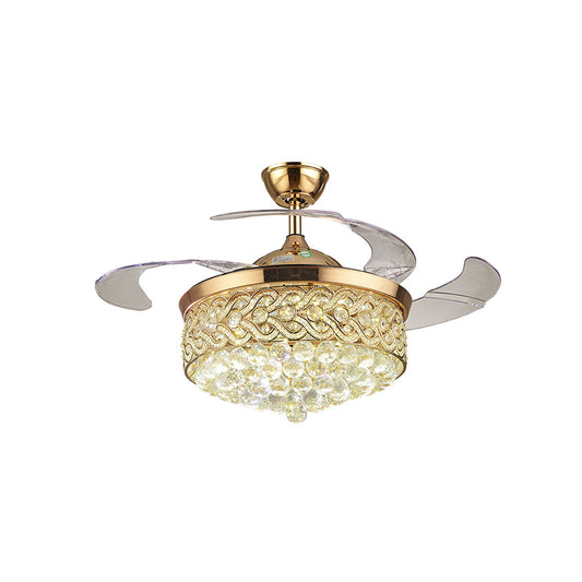 Chevron-Side Drum Crystal Fan Lighting Simple 26" Wide 3-Blade Living Room LED Semi Flush Mount in Gold Clearhalo 'Ceiling Fans with Lights' 'Ceiling Fans' 'Modern Ceiling Fans' 'Modern' Lighting' 917702