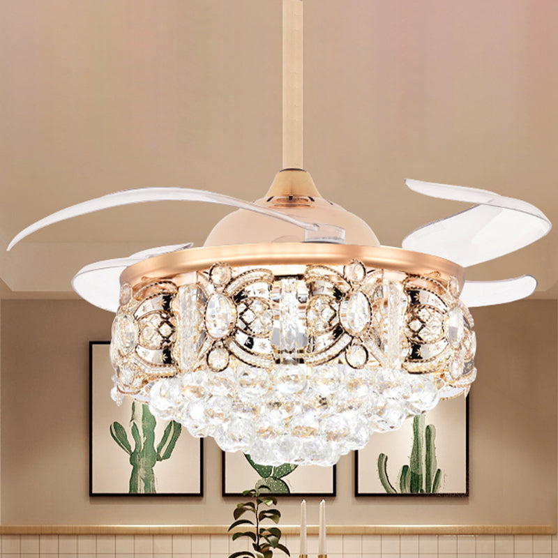 Gold Conical Ceiling Fan Light Modernism Crystal 3-Blade Hotel LED Semi Mount Lighting, 42.5" W Gold Clearhalo 'Ceiling Fans with Lights' 'Ceiling Fans' 'Modern Ceiling Fans' 'Modern' Lighting' 917704