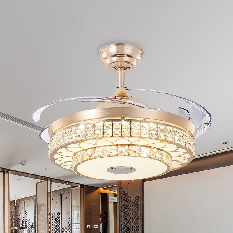 2 Tiers Parlor LED Ceiling Fan Light Modern Crystal 3 Blades Gold Semi Flush Mount, 42.5" Wide Clearhalo 'Ceiling Fans with Lights' 'Ceiling Fans' 'Modern Ceiling Fans' 'Modern' Lighting' 917709