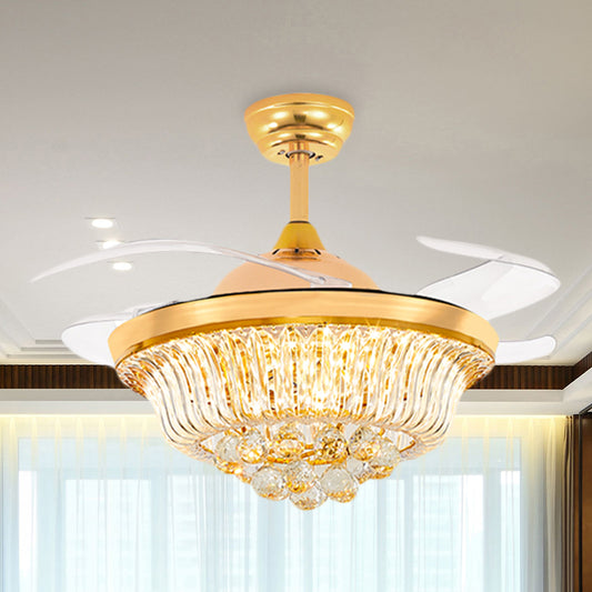 4 Blades Taper LED Flush Ceiling Fan Modern Gold Crystal Semi Flush Mounted Lamp, 42.5" Width Gold Clearhalo 'Ceiling Fans with Lights' 'Ceiling Fans' 'Modern Ceiling Fans' 'Modern' Lighting' 917712