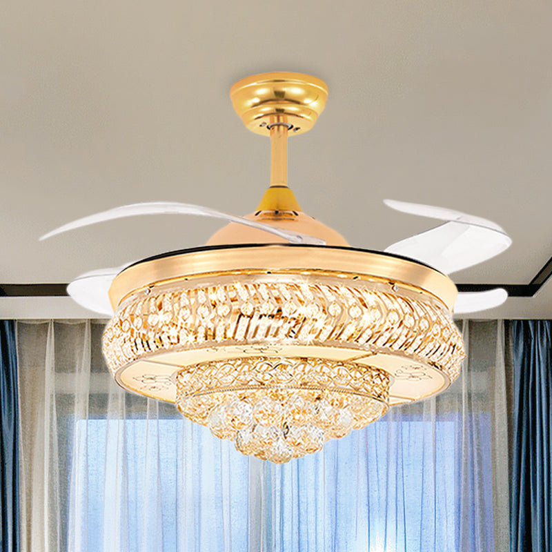 42.5" Wide Crystal Pointed Fan Lamp Contemporary 4-Blade Bedroom LED Semi Flush Ceiling Light in Gold Gold Clearhalo 'Ceiling Fans with Lights' 'Ceiling Fans' 'Modern Ceiling Fans' 'Modern' Lighting' 917716