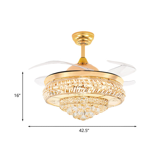 42.5" Wide Crystal Pointed Fan Lamp Contemporary 4-Blade Bedroom LED Semi Flush Ceiling Light in Gold Clearhalo 'Ceiling Fans with Lights' 'Ceiling Fans' 'Modern Ceiling Fans' 'Modern' Lighting' 917719