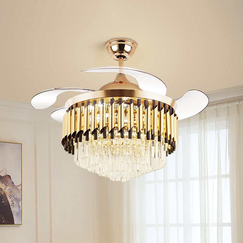 Layered Crystal Black/Gold Ceiling Fan Tapered Drum 3-Blade Postmodern LED Semi Flush Light, 42.5" Width Gold Clearhalo 'Ceiling Fans with Lights' 'Ceiling Fans' 'Modern Ceiling Fans' 'Modern' Lighting' 917728