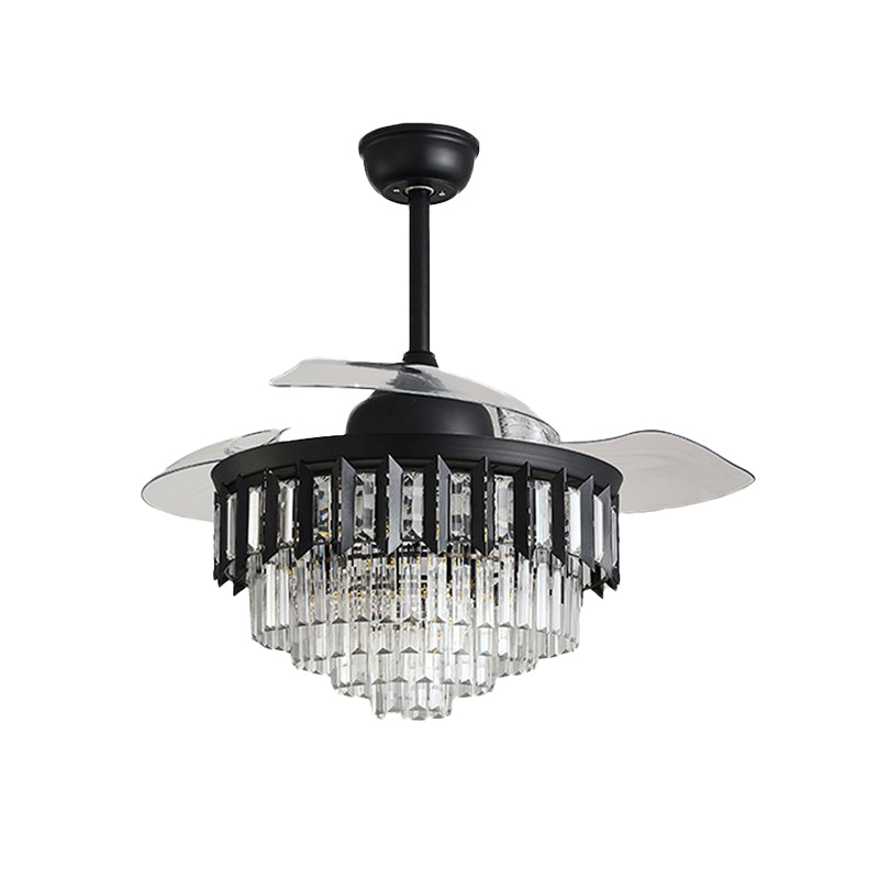 Layered Crystal Black/Gold Ceiling Fan Tapered Drum 3-Blade Postmodern LED Semi Flush Light, 42.5" Width Clearhalo 'Ceiling Fans with Lights' 'Ceiling Fans' 'Modern Ceiling Fans' 'Modern' Lighting' 917734