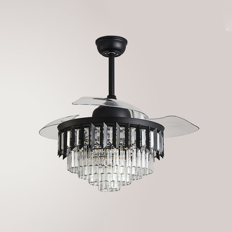 Layered Crystal Black/Gold Ceiling Fan Tapered Drum 3-Blade Postmodern LED Semi Flush Light, 42.5" Width Clearhalo 'Ceiling Fans with Lights' 'Ceiling Fans' 'Modern Ceiling Fans' 'Modern' Lighting' 917735