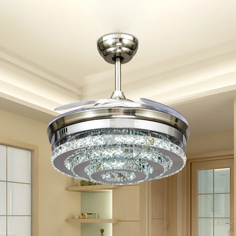 Chrome 3-Ring Flush Mount Ceiling Fan Modern Crystal 4 Blades Parlor LED Semi-Flush Mount Light, 42.5" W Clearhalo 'Ceiling Fans with Lights' 'Ceiling Fans' 'Modern Ceiling Fans' 'Modern' Lighting' 917738