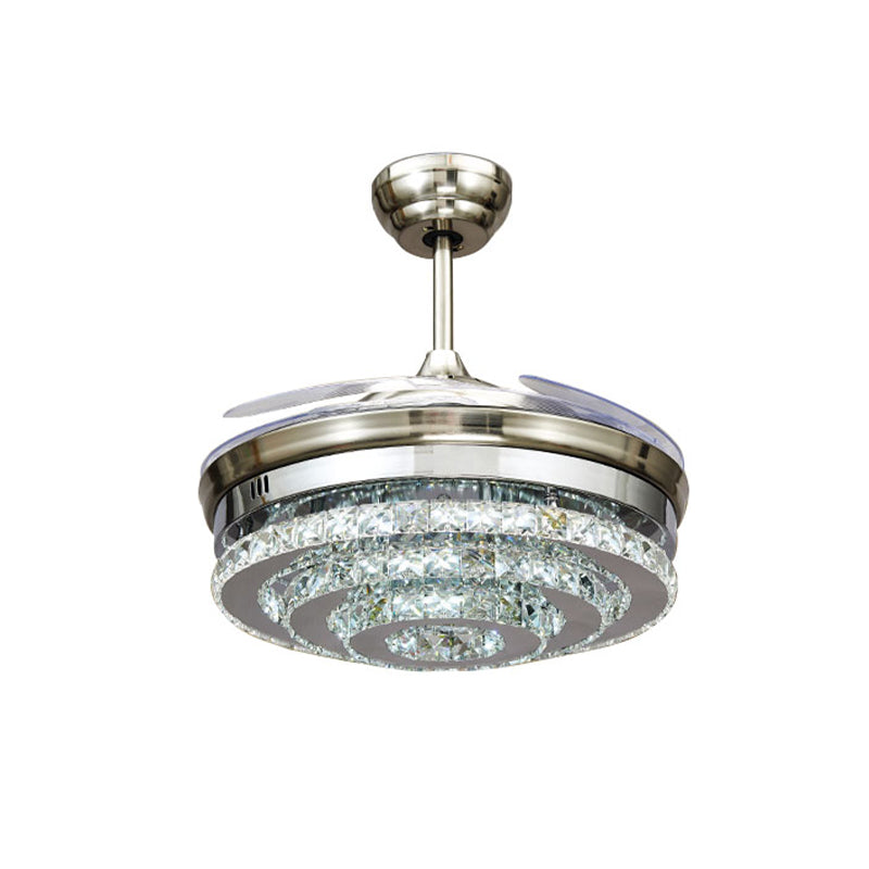 Chrome 3-Ring Flush Mount Ceiling Fan Modern Crystal 4 Blades Parlor LED Semi-Flush Mount Light, 42.5" W Clearhalo 'Ceiling Fans with Lights' 'Ceiling Fans' 'Modern Ceiling Fans' 'Modern' Lighting' 917739