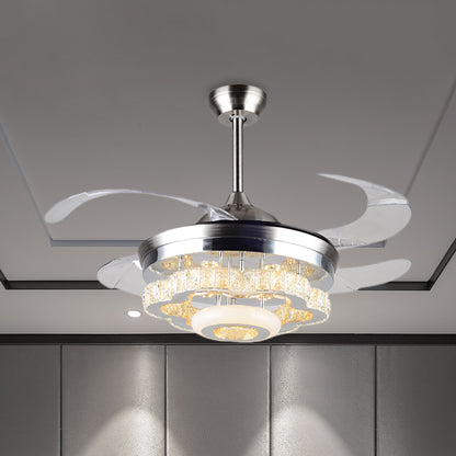 4-Blade Crystal Blossom Fan Lamp Modernism Dining Table 42.5" Wide LED Semi Flush Ceiling Light in Chrome Chrome Clearhalo 'Ceiling Fans with Lights' 'Ceiling Fans' 'Modern Ceiling Fans' 'Modern' Lighting' 917741